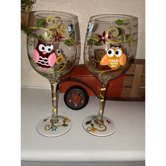 Wine Goblet Glasses Hand Painted Owls Set of 2 - Picture 7 of 9